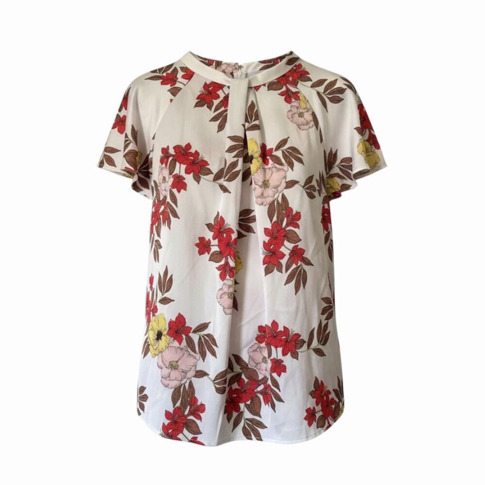 Liz Claiborne Twist Neck Floral Blouse Short Flutter Sleeve White Red Plus Sz 2X